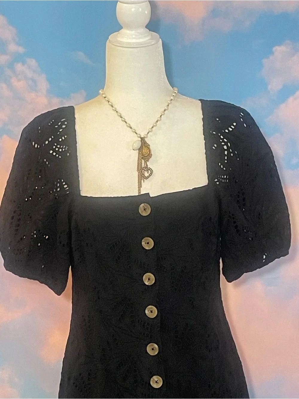 Lovely Free People Black Eyelet Puff Sleeve Button-Front Mini Dress